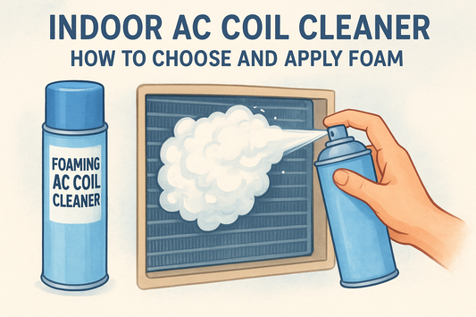 Indoor AC Coil Cleaner infographic in blue and cream, showing a foaming aerosol can spraying a white cloud onto an AC coil.