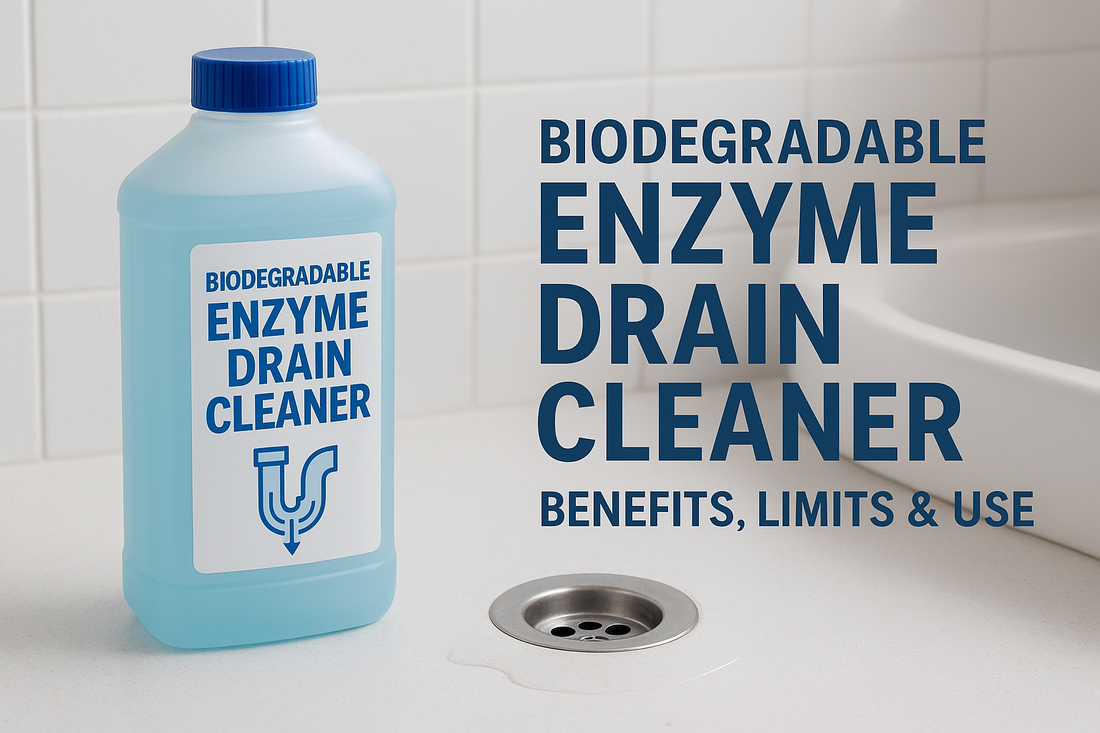 diagram showing biological enzymes and bacteria breaking down organic drain clogs in a biodegradable enzyme drain cleaner process