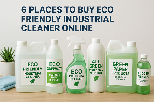 Infographic showing six places to buy eco friendly industrial cleaner online with key product and safety details