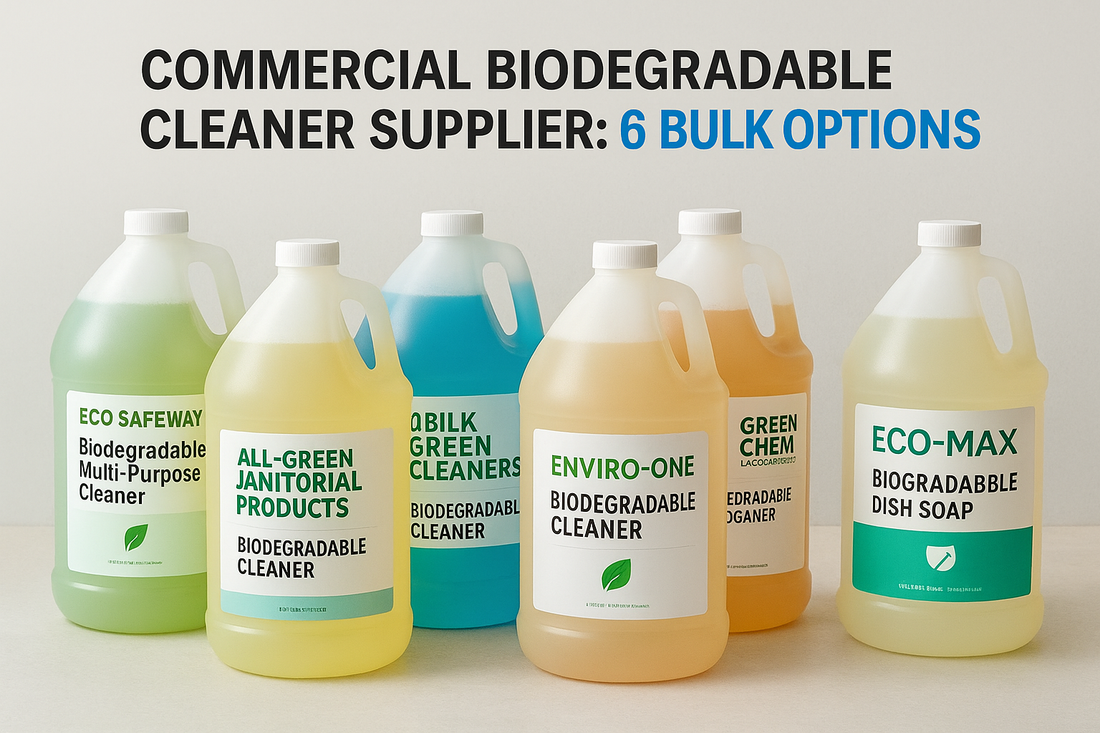 Infographic comparing six commercial biodegradable cleaner suppliers with product types, safety ratings, and bulk purchase options