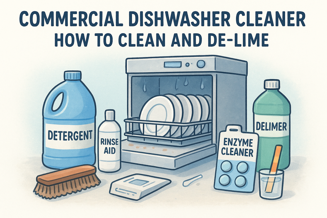 Commercial Dishwasher Cleaner infographic in navy, teal and cream, showing a dishwasher, detergent, rinse aid, delimer and enzyme cleaner.