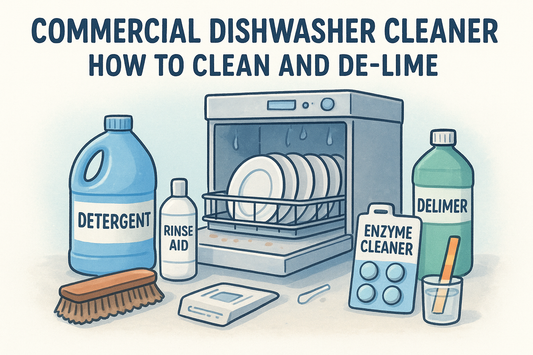 Commercial Dishwasher Cleaner infographic in navy, teal and cream, showing a dishwasher, detergent, rinse aid, delimer and enzyme cleaner.