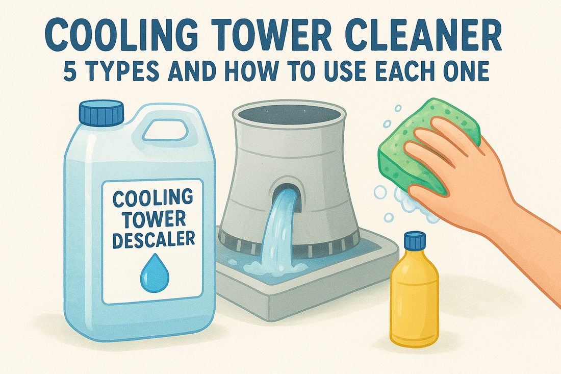 Cooling Tower Cleaner infographic with a blue cooling tower descaler container, cooling tower, yellow bottle, and hand wiping with a green sponge.