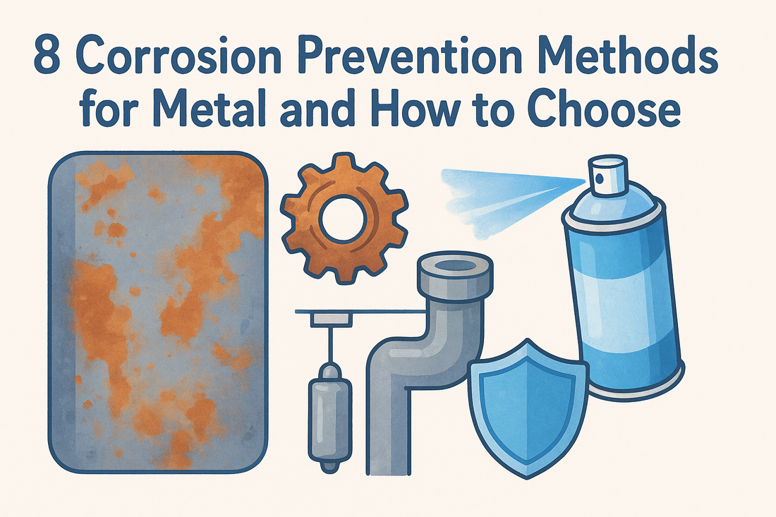 Corrosion Prevention Methods infographic with rusted metal, pipe, spray can, gear and blue shield illustrations beneath a title.