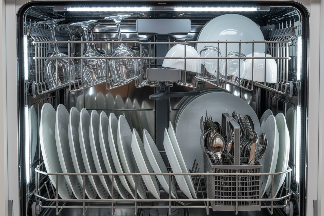 Diagram showing parts of a dishwasher that need regular cleaning attention including filter, spray arms, door gasket, interior walls, and drain area