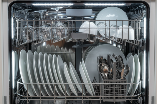 Diagram showing parts of a dishwasher that need regular cleaning attention including filter, spray arms, door gasket, interior walls, and drain area