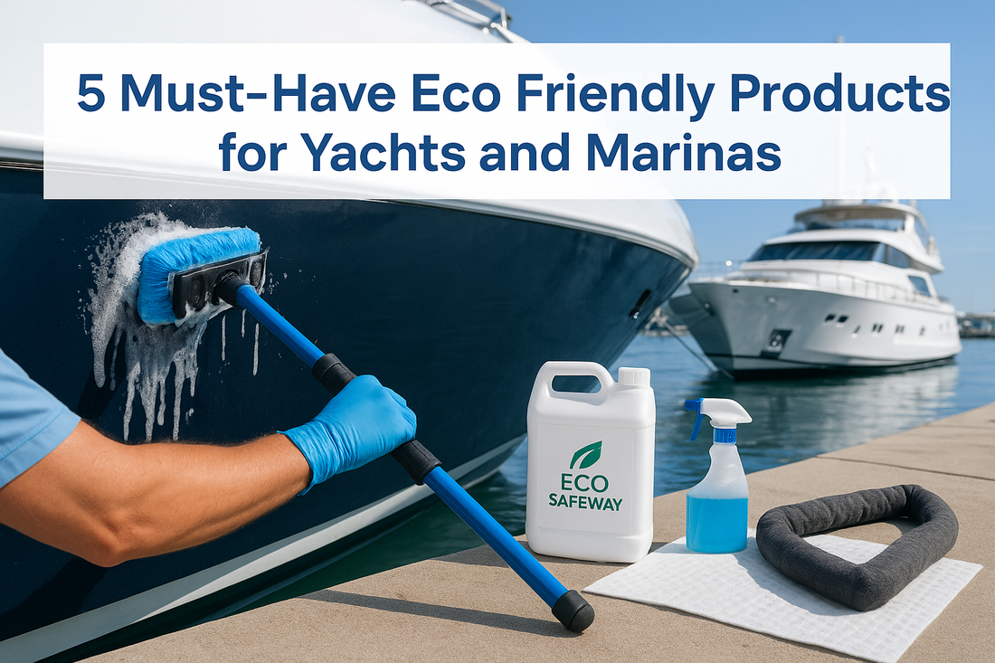 Boat hull being cleaned with eco friendly products by Eco Safeway at marina dock with yachts in background