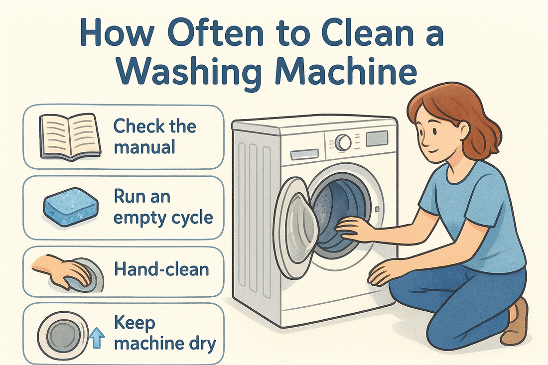 How Often to Clean a Washing Machine infographic with blue text, illustrated front-loading washer, and woman hand-cleaning the drum.