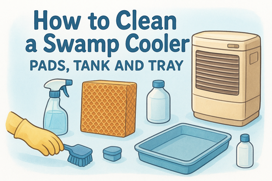 How to Clean a Swamp Cooler infographic with a beige portable cooler, orange honeycomb pad, blue water tray, bottle, spray bottle, brush and yellow glove.