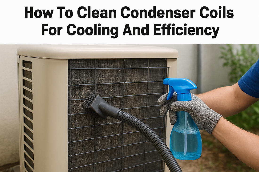 Diagram showing locations of condenser coils on central AC units, window units, and refrigerators for how to clean condenser coils guide