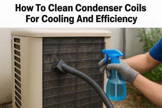 Diagram showing locations of condenser coils on central AC units, window units, and refrigerators for how to clean condenser coils guide