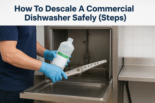 Commercial dishwasher descaling process showing disconnection of chemical feed lines and removal of components for cleaning