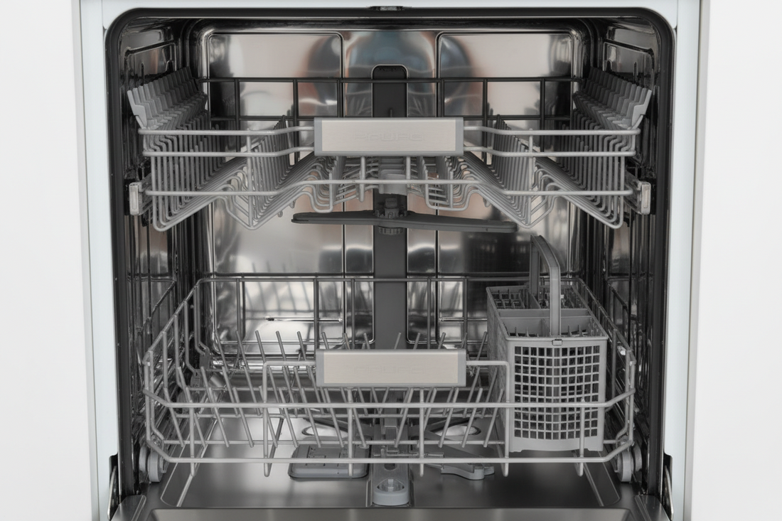 Open dishwasher with a removable filter being cleaned to fix a smelly dishwasher