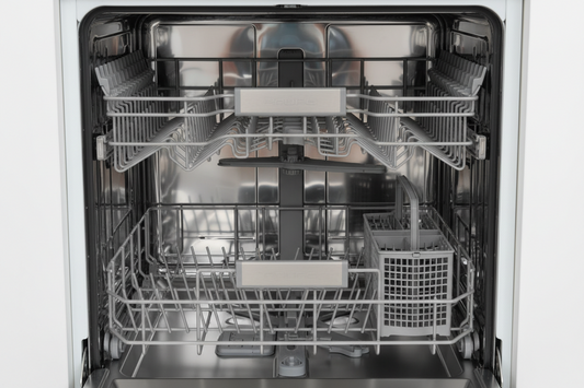 Open dishwasher with a removable filter being cleaned to fix a smelly dishwasher