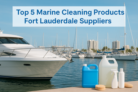 Marine cleaning products with boats docked at a Fort Lauderdale marina in the background