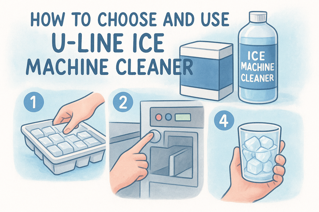 Ice machine cleaning infographic in blue and white, with cleaner bottle, numbered steps, and hands demonstrating use; Choose and Use U-Line guide.