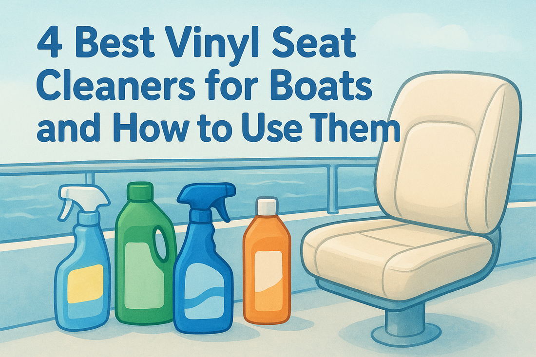 Vinyl Seat Cleaners for Boats infographic with bold blue title, colorful cleaner bottles, and a cream vinyl seat illustration.