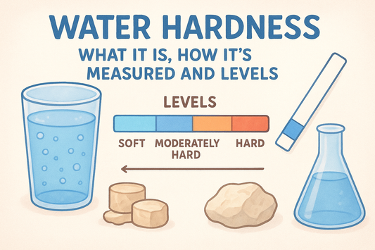 Water Hardness infographic with blue water glass, test strip, hardness scale, mineral stones and labeled levels.