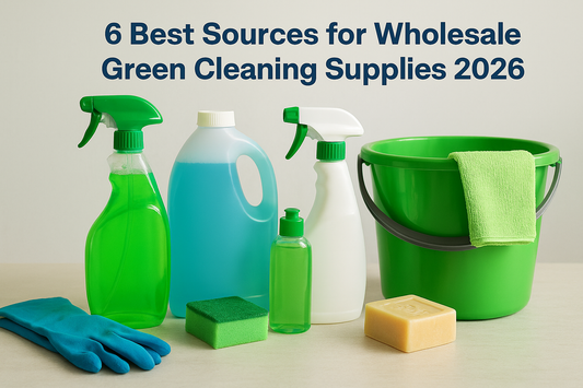 Infographic showing six best sources for wholesale green cleaning supplies with safety ratings and bulk buying options for eco-friendly products in 2026