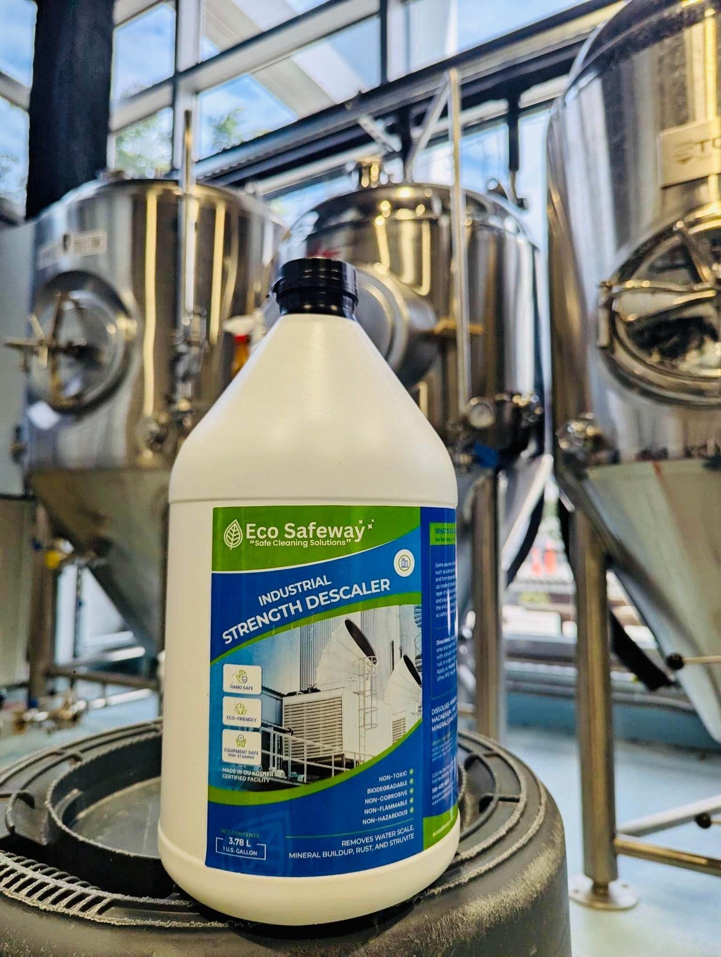 bottle of eco-friendly cooling tower descaling chemical for industrial cleaning and scale removal