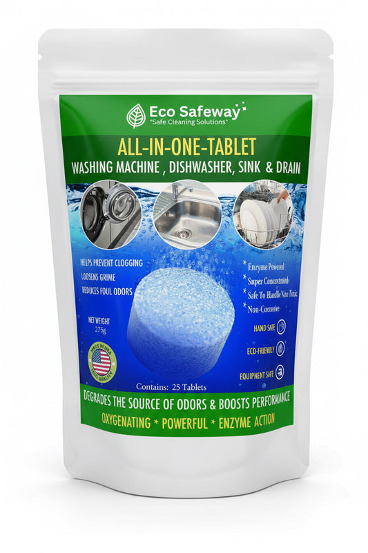 Pack of eco-friendly enzyme cleaner tablets for dishwashers, washing machines, drains, and garbage disposals in water-soluble packaging
