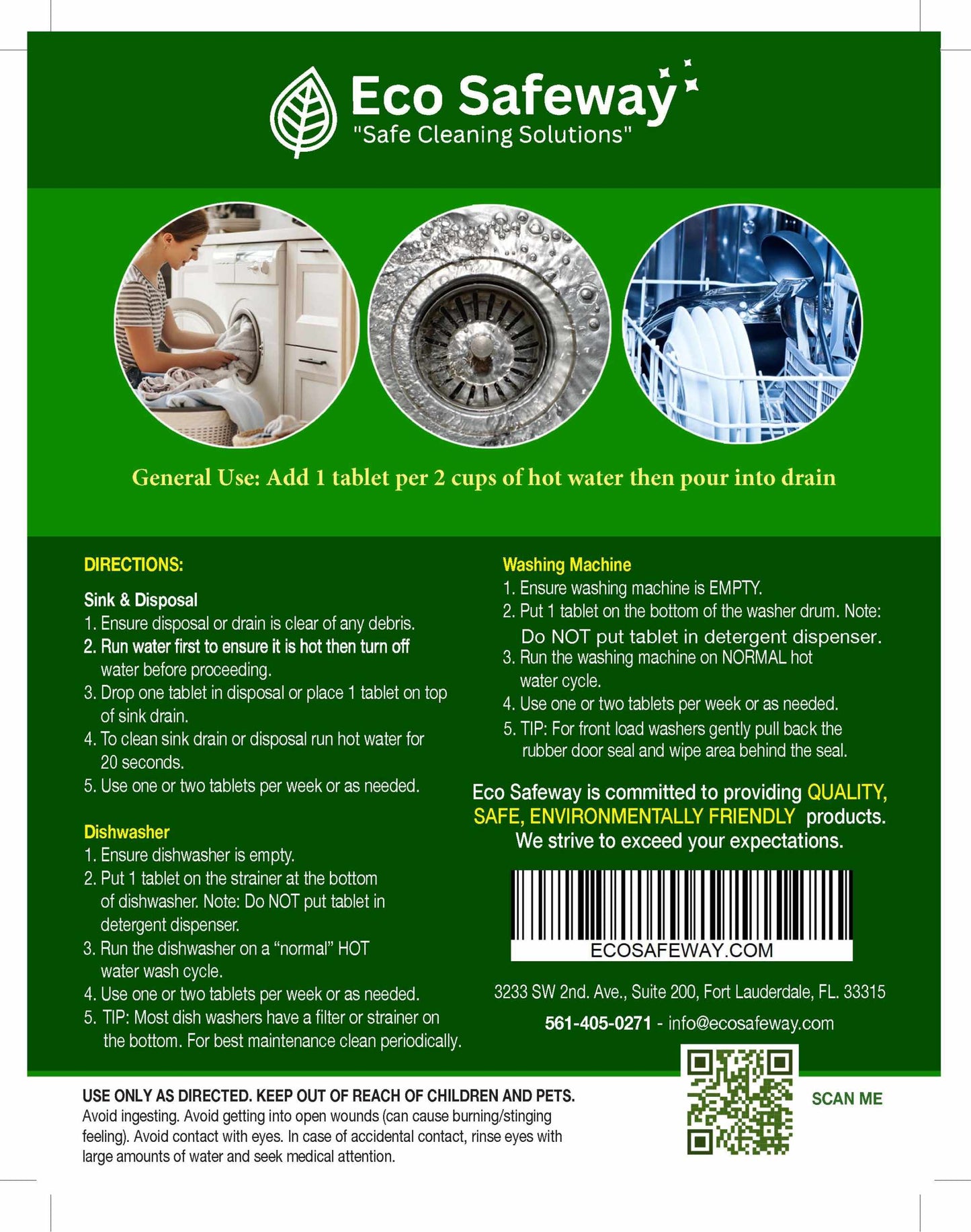Eco Safeway enzyme cleaner tablets in water-soluble film for dishwashers, washing machines, drains, and garbage disposals cleaning