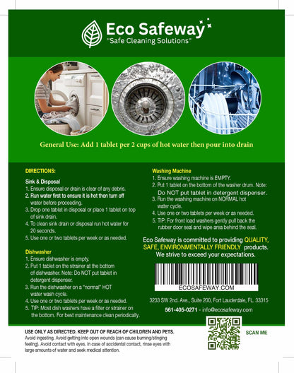 Eco Safeway enzyme cleaner tablets in water-soluble film for dishwashers, washing machines, drains, and garbage disposals cleaning