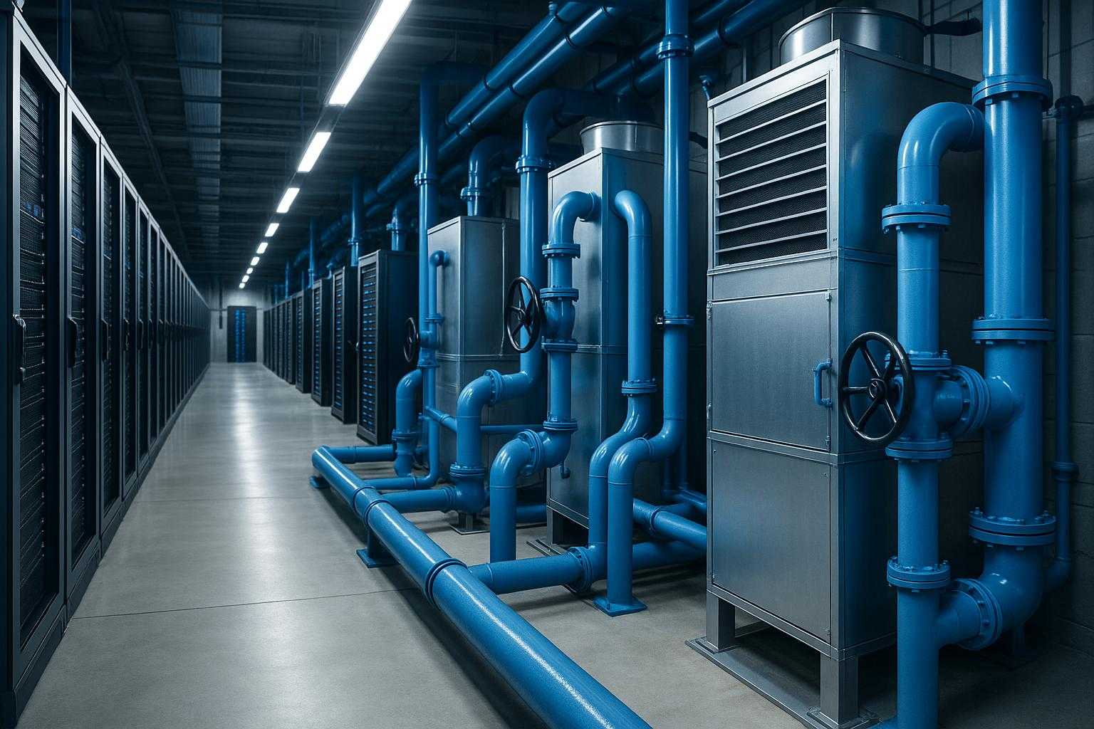 Data center HVAC cleaner bottle with water-cooled system components and cooling coils in background