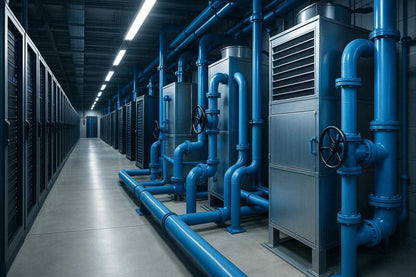 Data center HVAC cleaner bottle with water-cooled system components and cooling coils in background