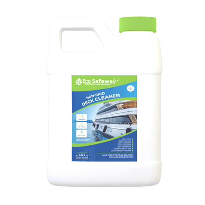 Eco Safeway pH neutral deck cleaner bottle on wooden teak boat deck